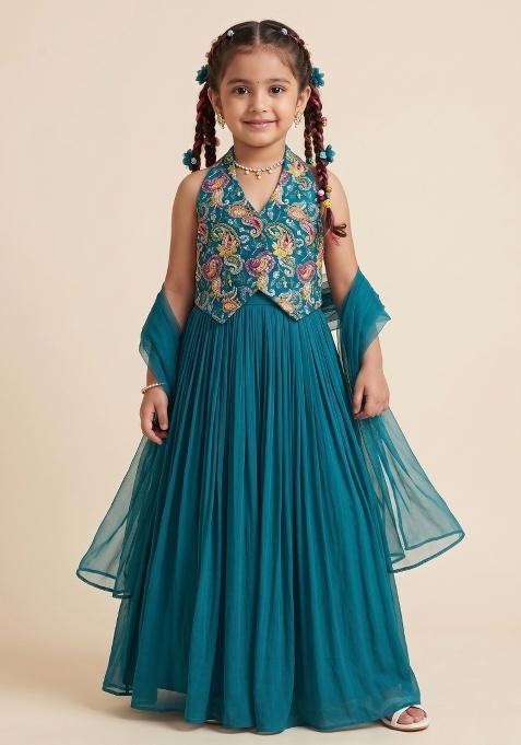 Teal Printed Crepe Fusion Set For Girls