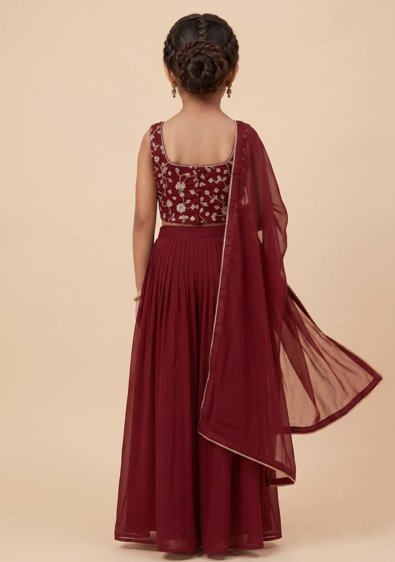 Red Embroidered Silk Fusion Set For Girls - Indya