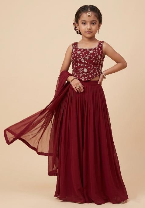 Red Embroidered Silk Fusion Set For Girls