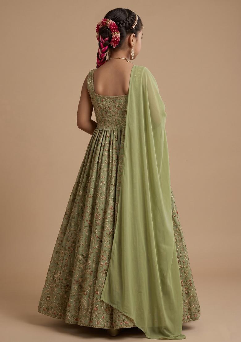 Sage Green Figure Print Crepe Anarkali With Dupatta For Girls - Indya