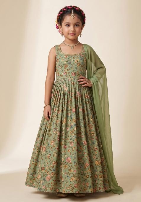 Sage Green Figure Print Crepe Anarkali With Dupatta For Girls