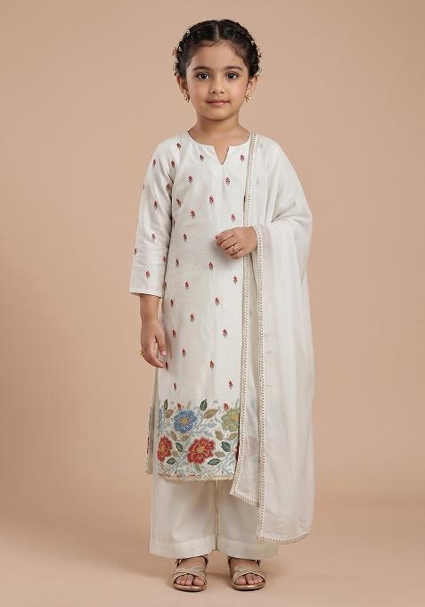 White Embroidered Tissue Straight Kurta Set For Girls