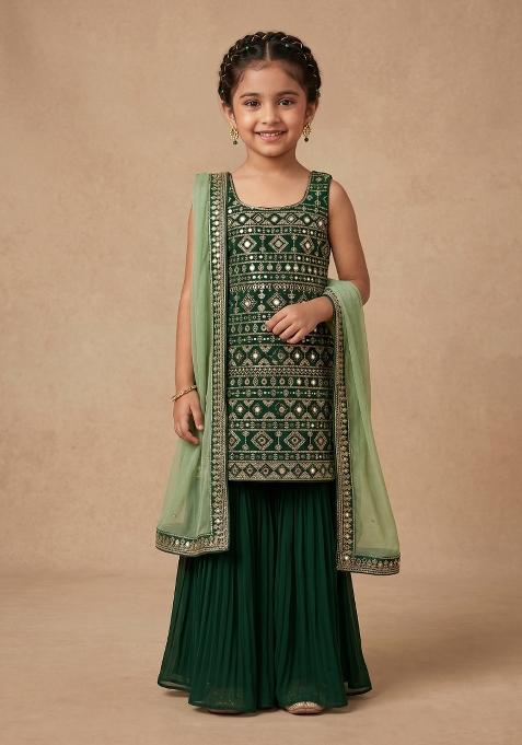 Dark Green Embroidered Georgette Sharara Set For Girls — view on Indya