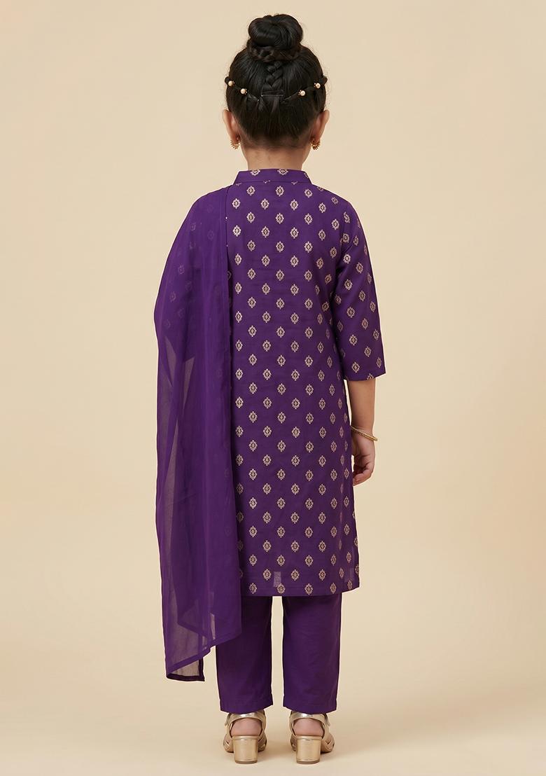 Purple Printed Silk Straight Kurta Set For Girls - Indya
