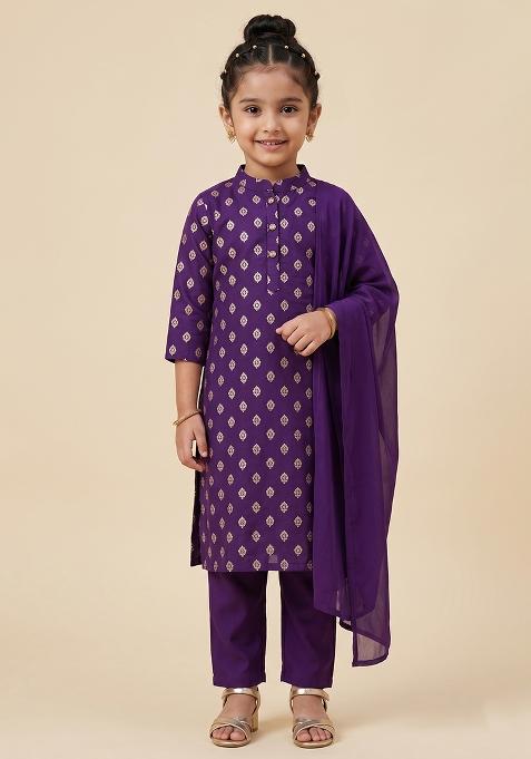 Purple Printed Silk Straight Kurta Set For Girls