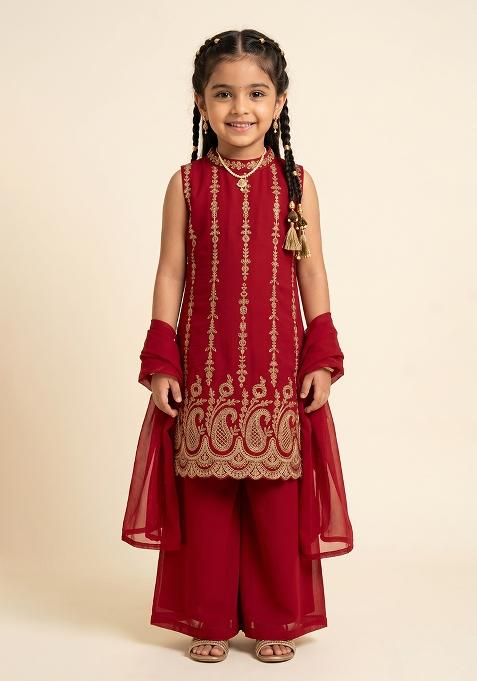 Deep Red Embroidered Georgette Sharara Set For Girls