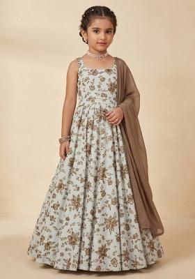 Brown Floral Print Crepe Anarkali With Dupatta For Girls