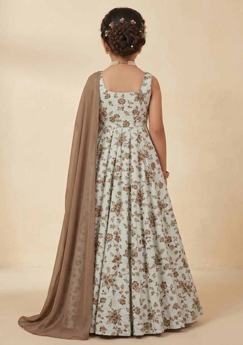 Brown Floral Print Crepe Anarkali With Dupatta For Girls - Indya