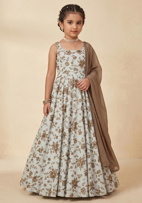 Brown Floral Print Crepe Anarkali With Dupatta For Girls — view on Indya