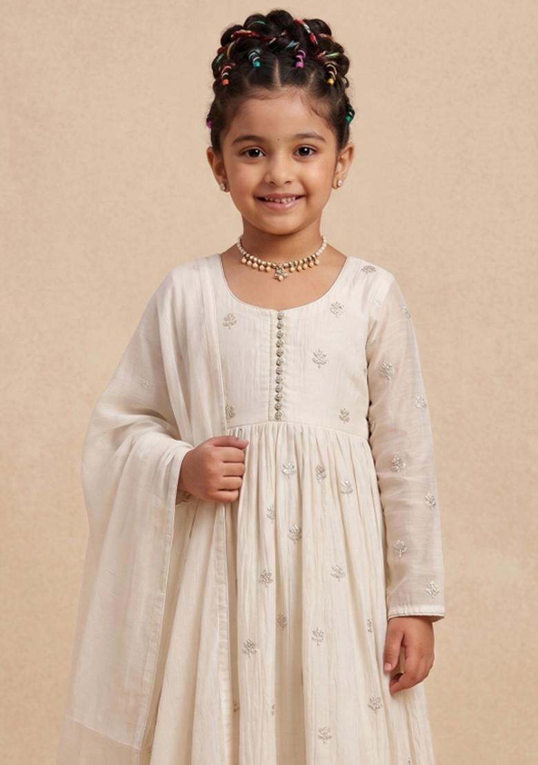 Off White Embroidered Silk Anarkali Set For Girls - Indya