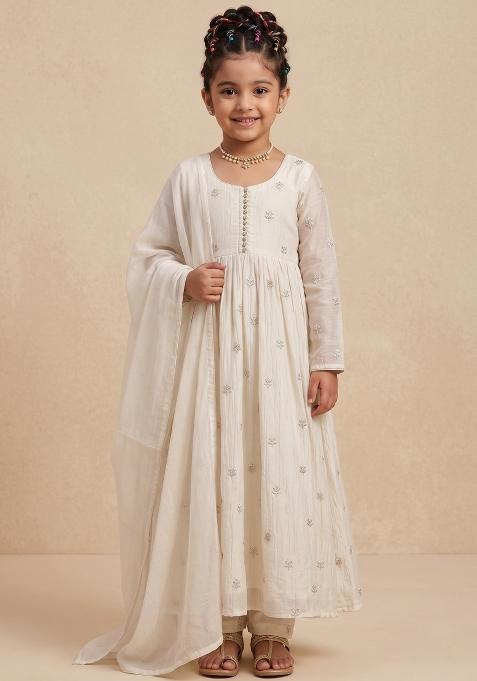 Off White Embroidered Silk Anarkali Set For Girls — view on Indya
