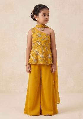 Mustard Embroidered Crepe Sharara Set For Girls