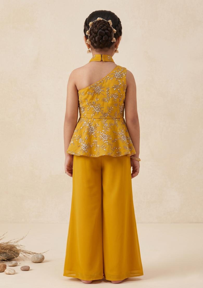 Mustard Embroidered Crepe Sharara Set For Girls - Indya