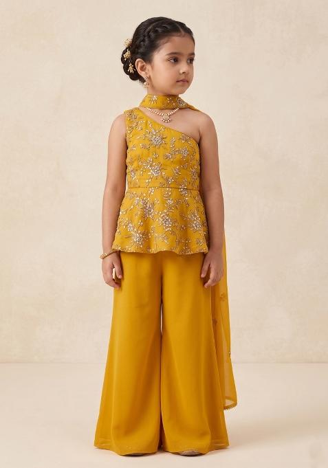 Mustard Embroidered Crepe Sharara Set For Girls — view on Indya