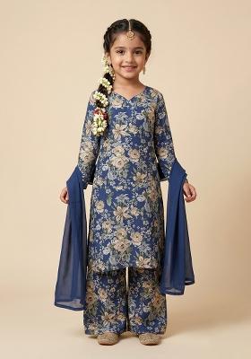Navy Blue Embroidered Silk Straight Kurta Set For Girls