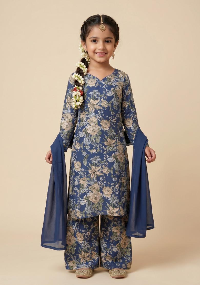 Navy Blue Embroidered Silk Straight Kurta Set For Girls - Indya