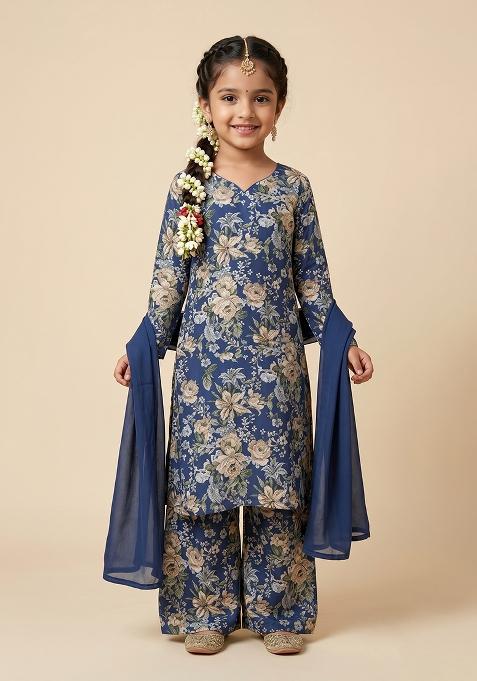 Navy Blue Embroidered Silk Straight Kurta Set For Girls