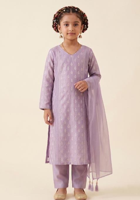 Lavender Chikankari Chanderi Straight Kurta Set For Girls — view on Indya