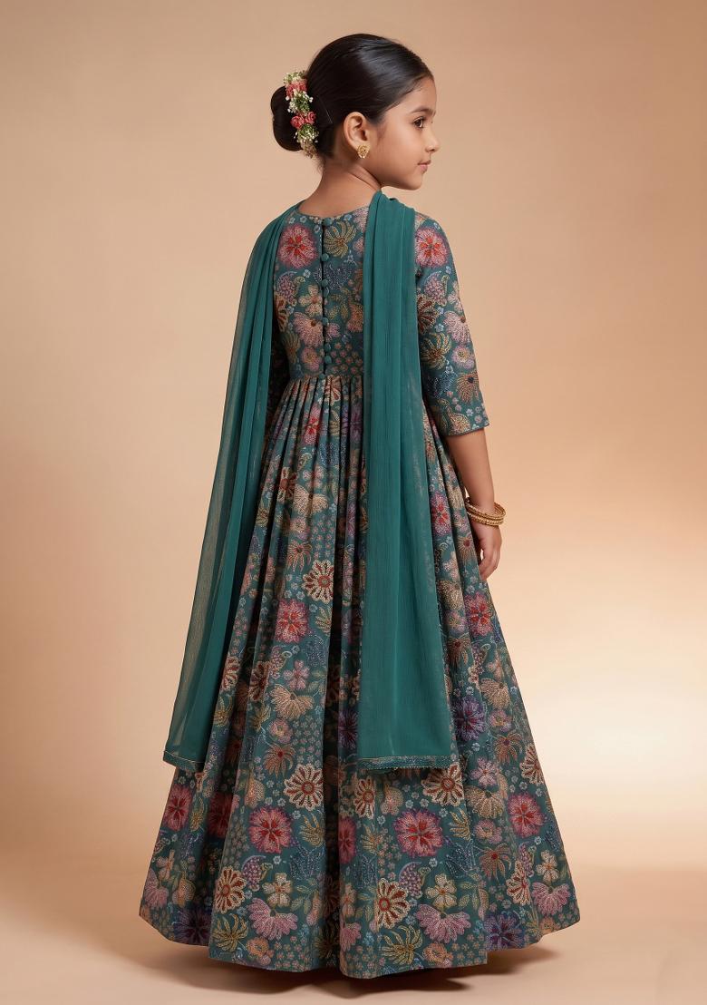 Deep Teal Blue Floral Print Chinon Anarkali With Dupatta For Girls - Indya