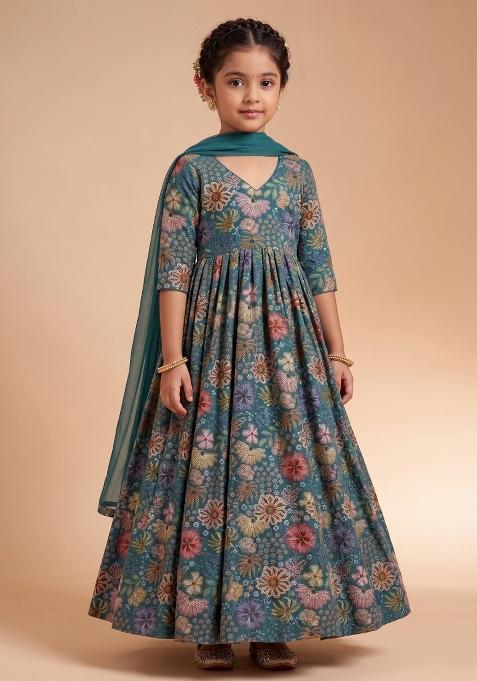 Deep Teal Blue Floral Print Chinon Anarkali With Dupatta For Girls