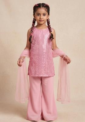 Pink Sequin Work Silk Blended Co Ord Set For Girls