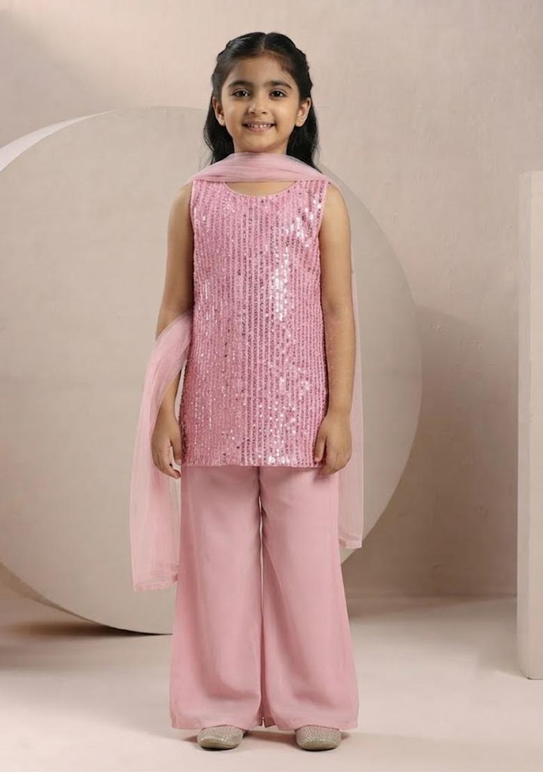 Pink Sequin Work Silk Blended Co Ord Set For Girls - Indya