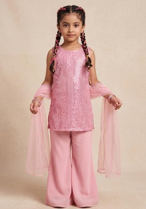 Pink Sequin Work Silk Blended Co Ord Set For Girls