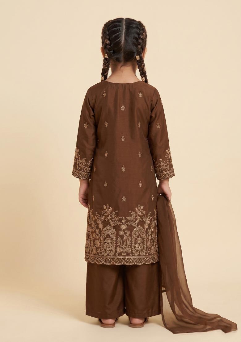Brown Embroidered Crepe Straight Kurta Set For Girls - Indya
