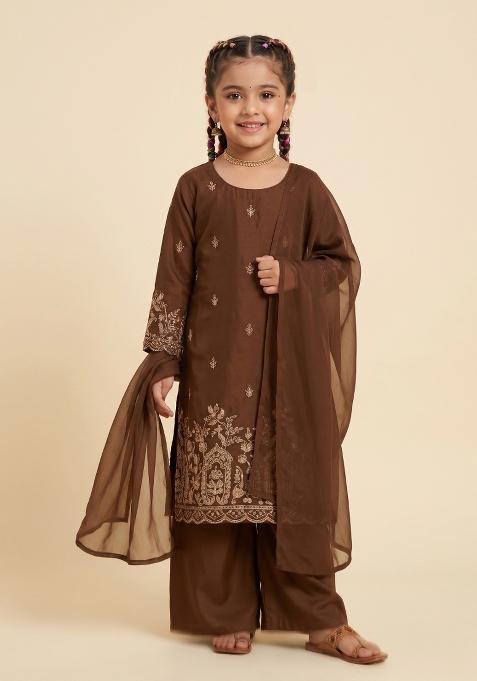 Brown Embroidered Crepe Straight Kurta Set For Girls