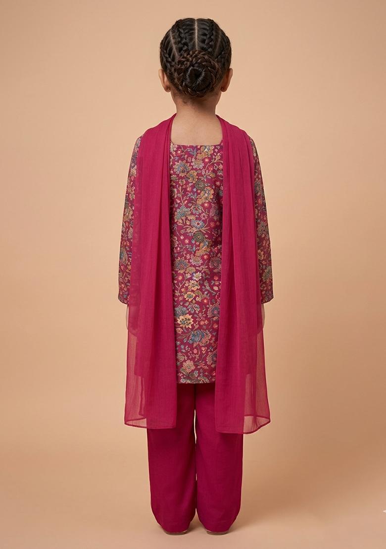 Rani Pink Floral Print Chinon Pakistani Suit Set For Girls - Indya