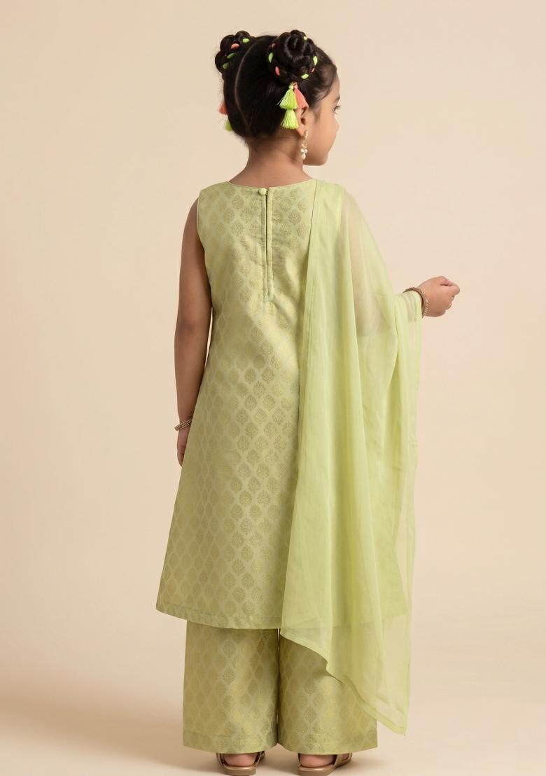 Sage Green Jacquard Jacquard A Line Kurta Set For Girls - Indya