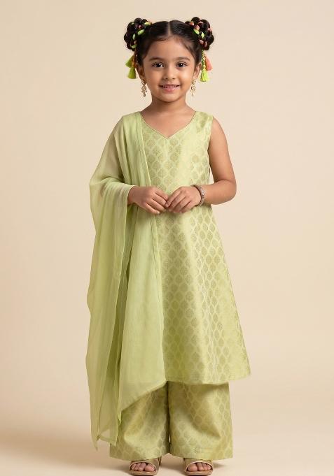 Sage Green Jacquard Jacquard A Line Kurta Set For Girls