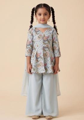 Powder Blue Embroidered Crepe Sharara Set For Girls
