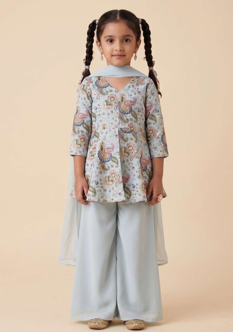 Powder Blue Embroidered Crepe Sharara Set For Girls - Indya