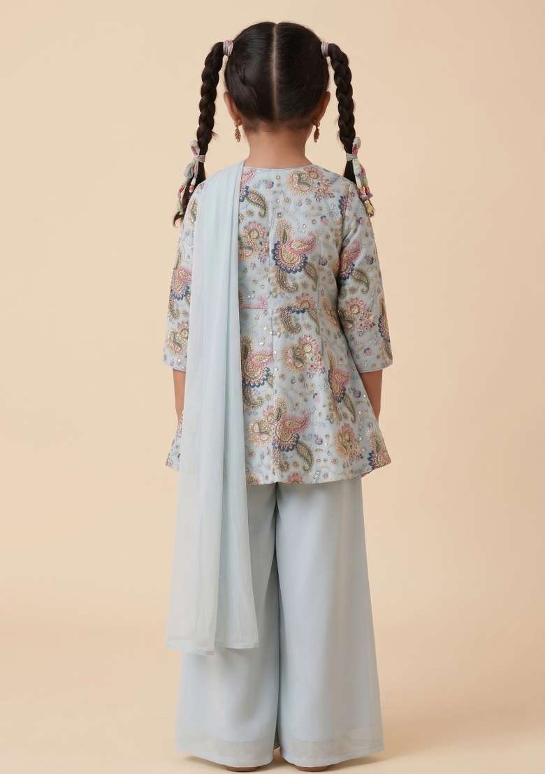 Powder Blue Embroidered Crepe Sharara Set For Girls - Indya