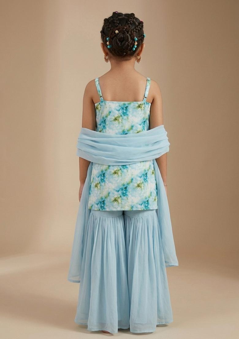 Powder Blue Jacquard Georgette Sharara Set For Girls - Indya