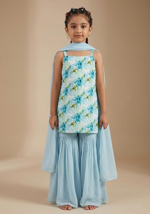 Powder Blue Jacquard Georgette Sharara Set For Girls — view on Indya