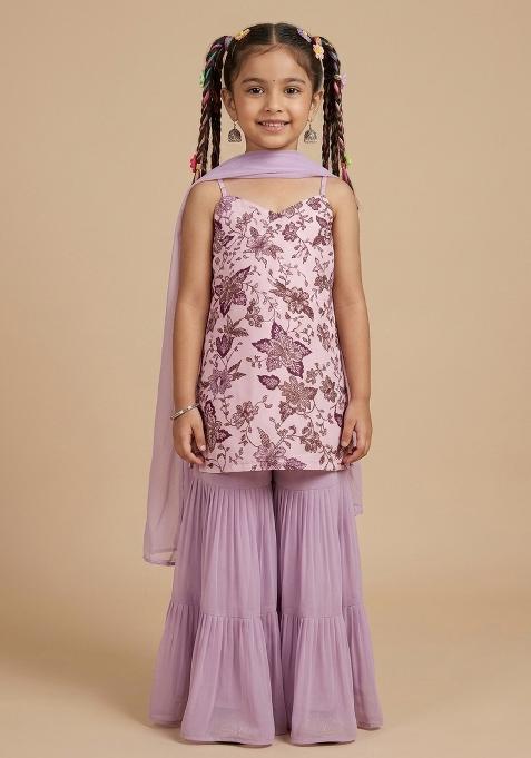 Lavender Embroidery Crepe Sharara Set For Girls