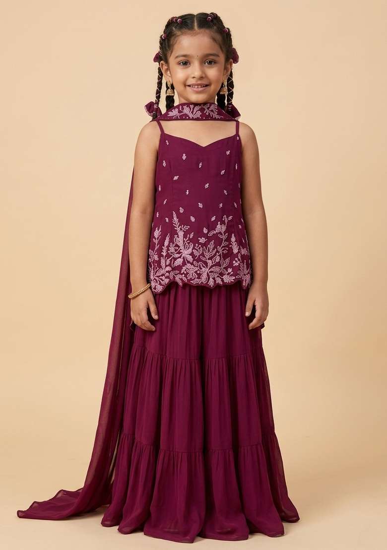 Wine Georgette Handwork Sharara Set For Girls - Indya
