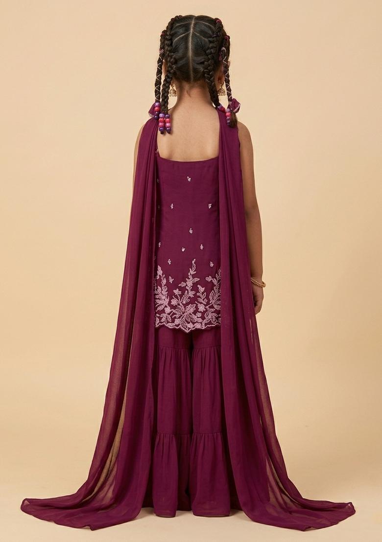 Wine Georgette Handwork Sharara Set For Girls - Indya