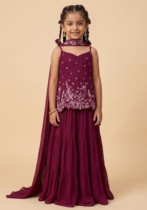 Wine Georgette Handwork Sharara Set For Girls — view on Indya