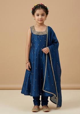 Navy Blue Handwork Silk Anarkali Set For Girls
