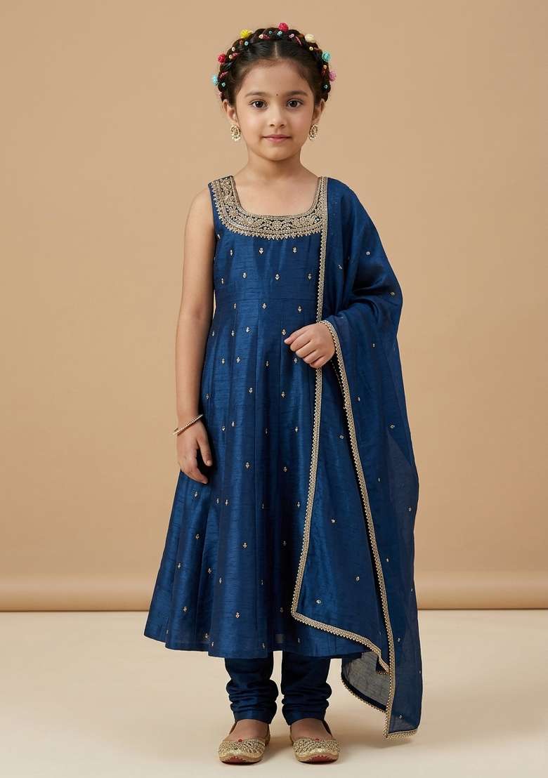 Navy Blue Handwork Silk Anarkali Set For Girls - Indya