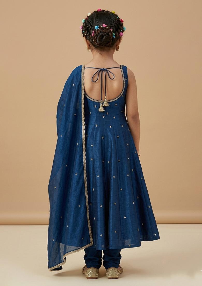Navy Blue Handwork Silk Anarkali Set For Girls - Indya