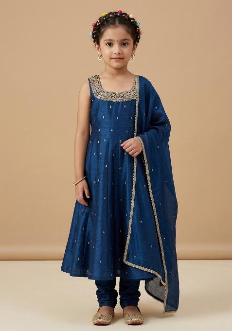 Navy Blue Handwork Silk Anarkali Set For Girls