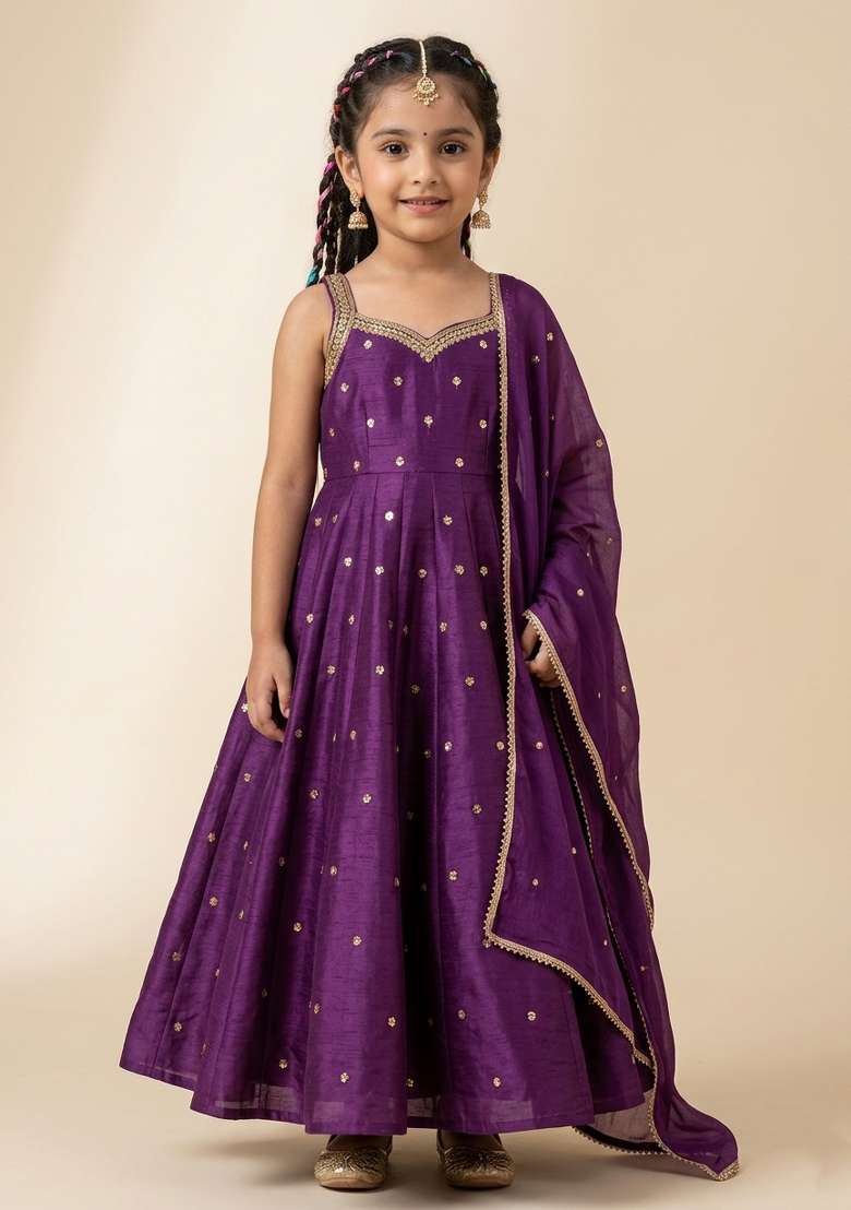 Royal Purple Handwork Silk Anarkali Set For Girls - Indya