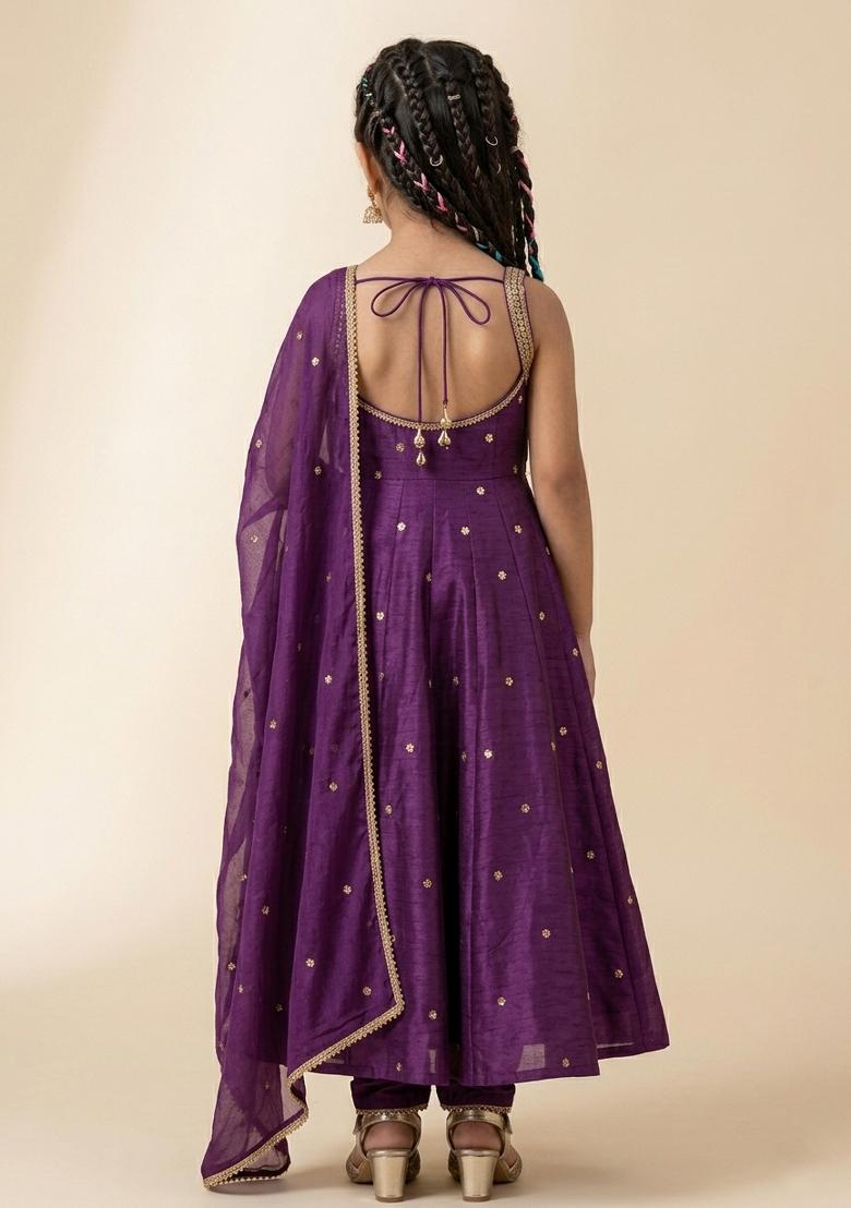 Royal Purple Handwork Silk Anarkali Set For Girls - Indya