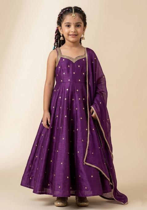 Royal Purple Handwork Silk Anarkali Set For Girls