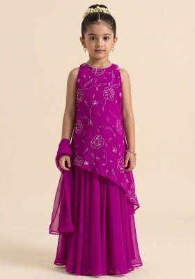 Fuchsia Pink Handwork Goergette Sharara Set For Girls