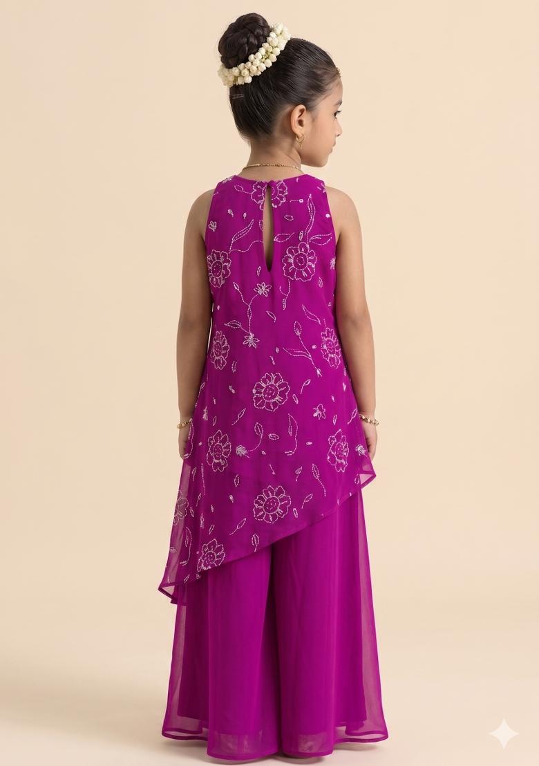 Fuchsia Pink Handwork Goergette Sharara Set For Girls - Indya